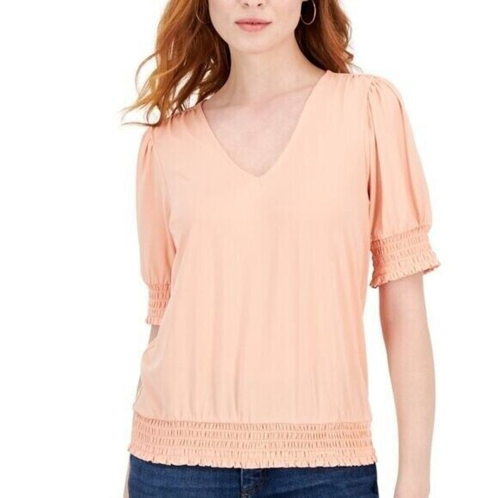 I.N.C. International Concepts Women's XL Peach Pink Smocked-Trim Top NWT